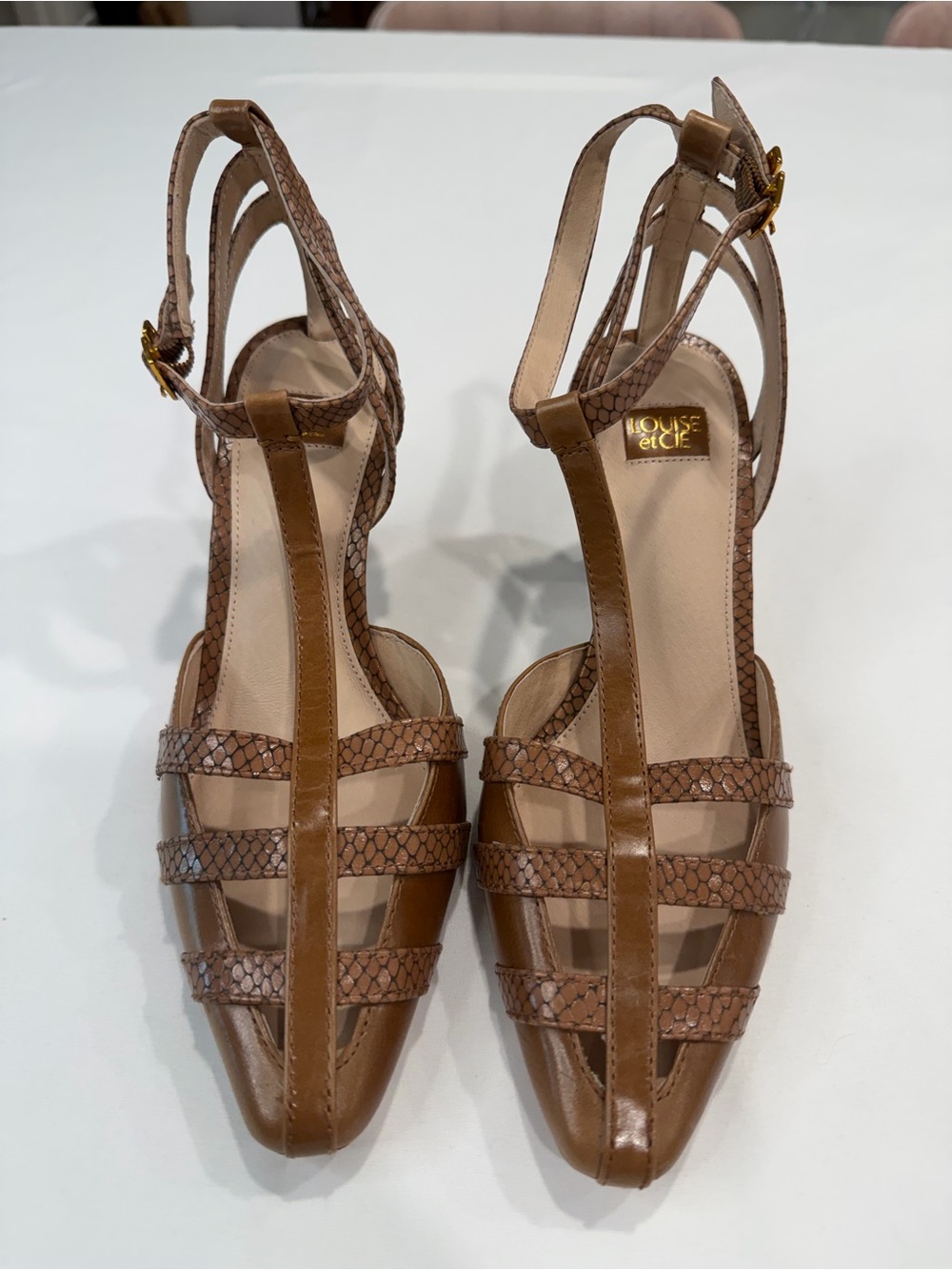 Louise et Cie Brown Strappy Pointed T-Strap Mules